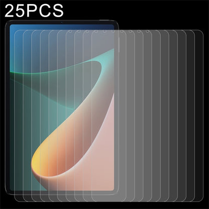 Set of 25 tempered glass screen protectors for tablet, layered on front display