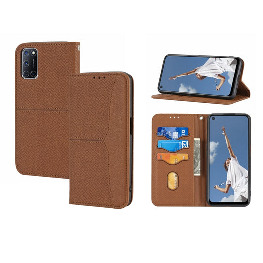 Brown woven-texture magnetic flip phone wallet case with card slots and camera cutout