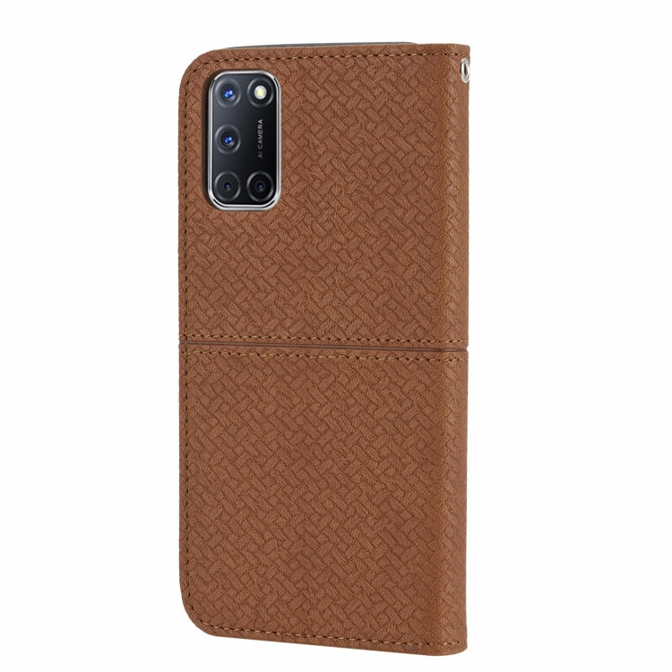 Brown woven-texture flip phone wallet case with camera cutout and stitched front flap