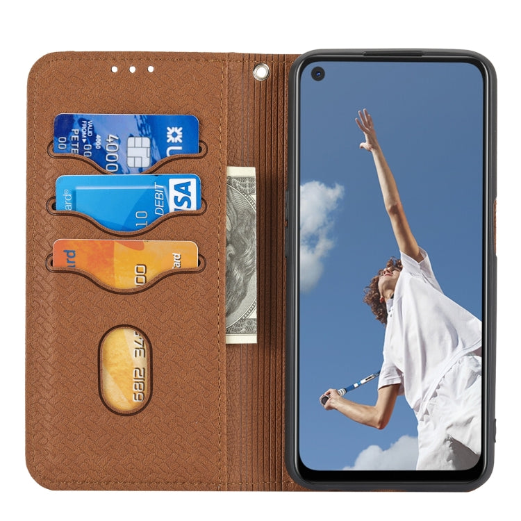 Brown woven-texture flip wallet phone case with card slots and open front for viewing
