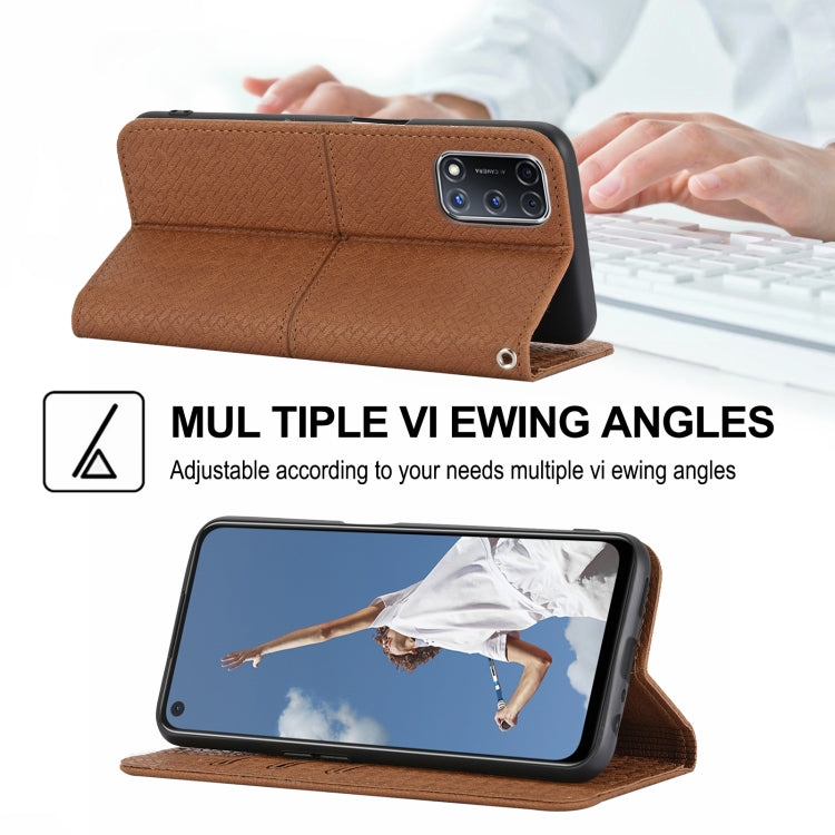 Brown woven-texture flip phone wallet case with built-in stand in landscape viewing