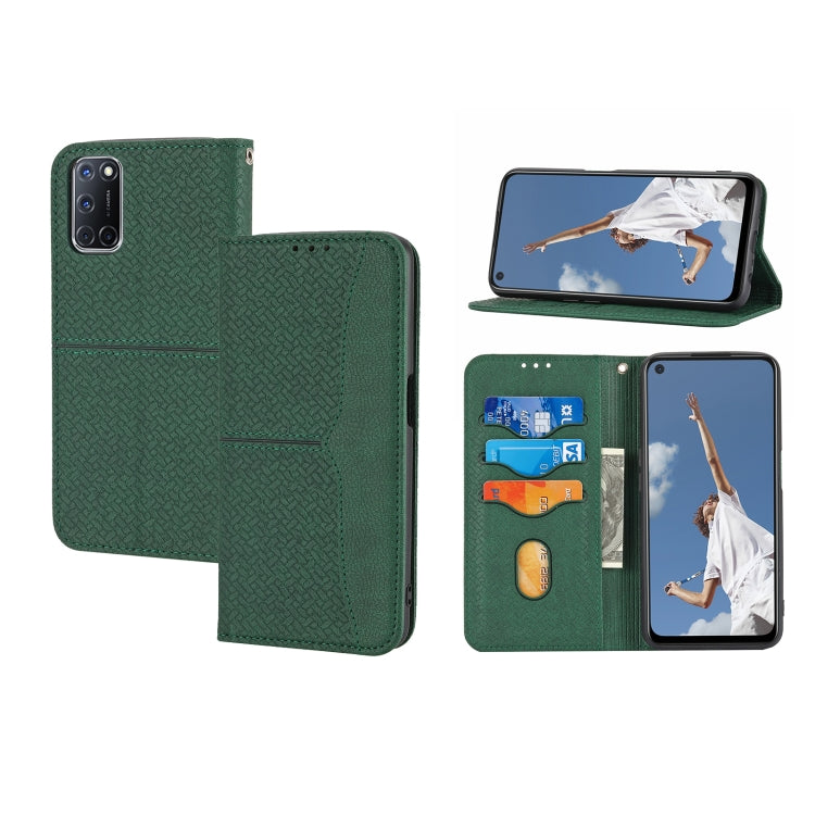Green woven-texture magnetic flip phone wallet case with card slots and camera cutout