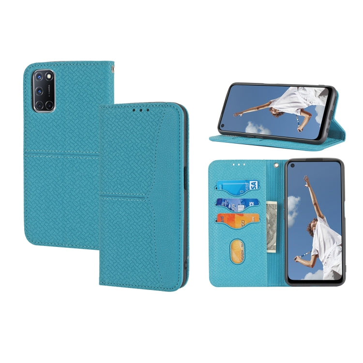 Blue magnetic flip phone wallet case with card slots and viewing stand