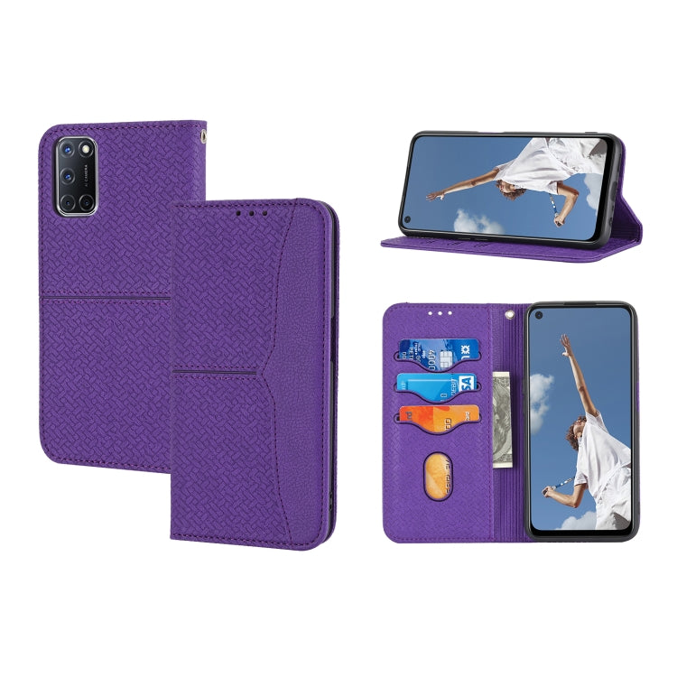 Purple magnetic flip phone wallet case with card slots and viewing stand