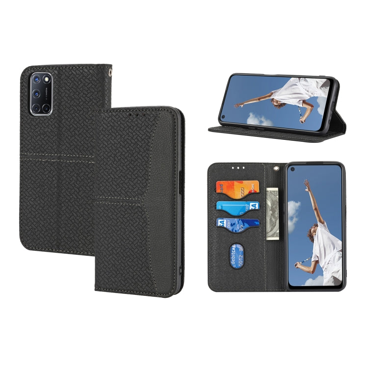 Dark gray woven PU leather flip phone case with card slots and stand view