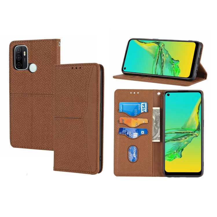 Brown woven-texture flip phone wallet case with card slots and open pocket window