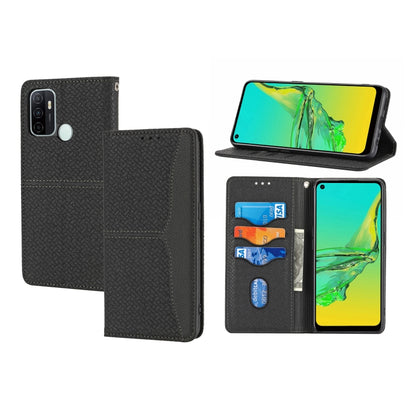 Black woven PU leather flip phone case with card slots and portrait stand