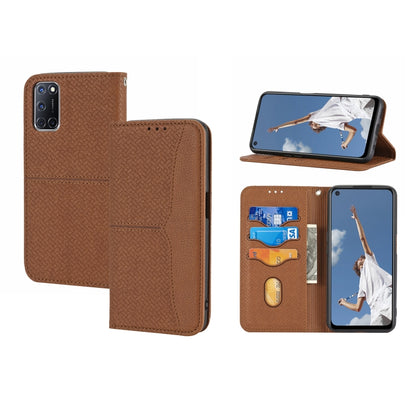 Brown woven-texture magnetic flip phone wallet case with card slots and side camera opening