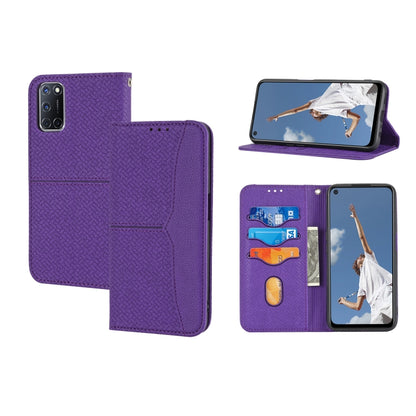 Purple woven PU leather flip phone case with magnetic closure and card slots