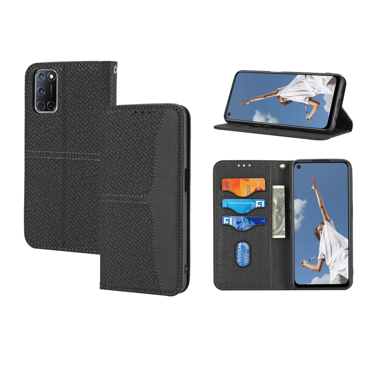 Black woven PU leather flip phone case with magnetic closure and wallet flap