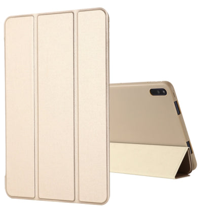 Beige leather tablet case with tri-fold horizontal flip stand and tablet coverage