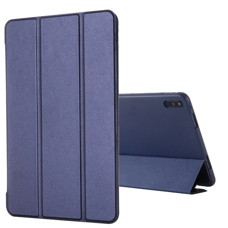 Blue leather tablet case with tri-fold horizontal flip stand and protective coverage