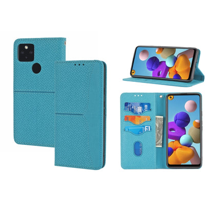 Blue PU leather magnetic flip phone case with card slots and textured front pocket