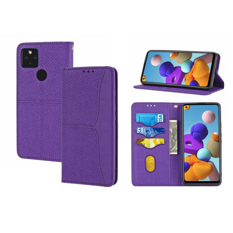 Purple PU leather magnetic flip phone case with card slots and textured leather weave