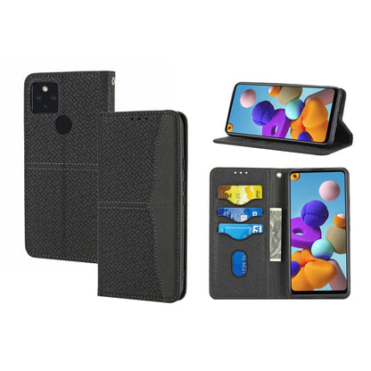 Dark grey textured magnetic flip phone case with card pockets and horizontal stand