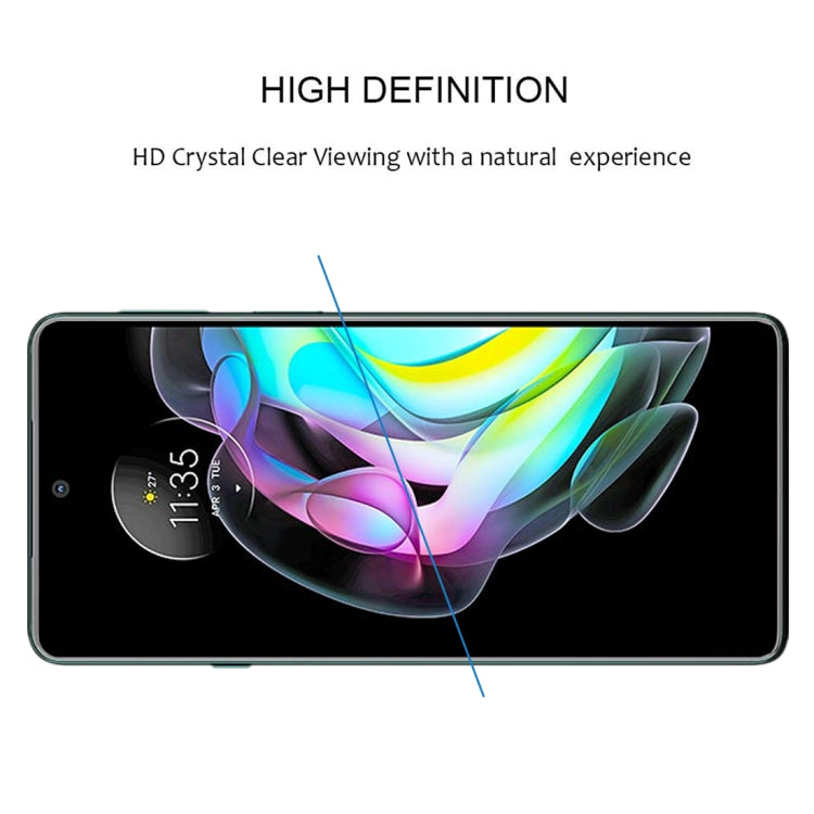 Clear tempered glass screen protector film covering the phone display with rounded edges
