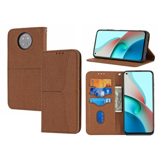 Brown PU leather flip phone case with magnetic closure, card slots, and horizontal stand