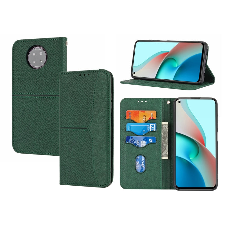 Green magnetic PU leather flip phone case with card slots, phone propped in stand mode