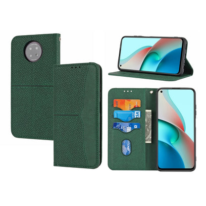 Green magnetic PU leather flip phone case with card slots, phone propped in stand mode
