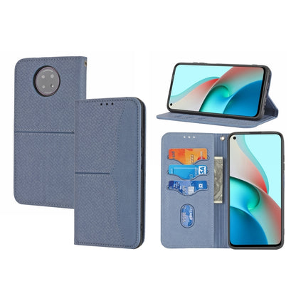 Blue-gray magnetic flip PU leather phone case with card slots and fold-out stand