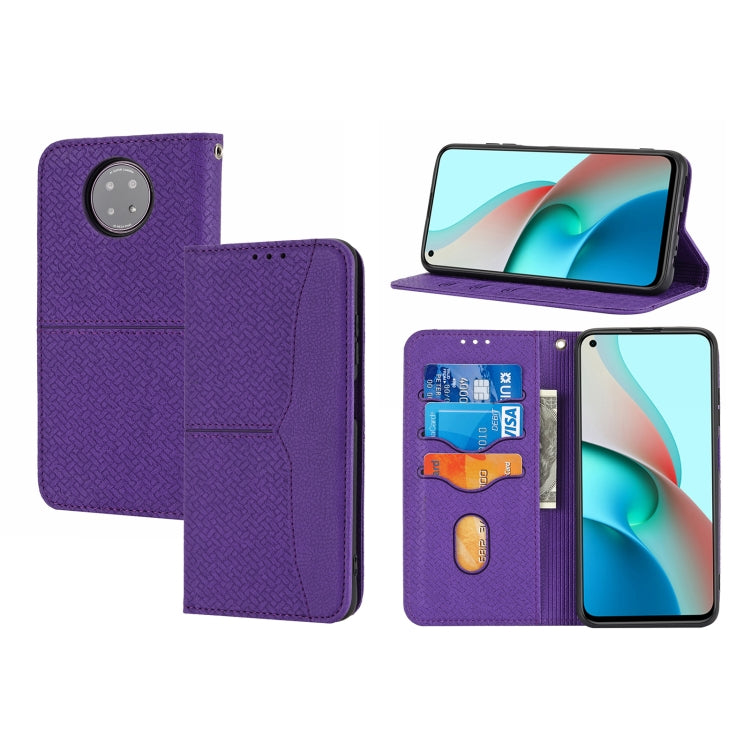 Purple woven PU leather phone case, magnetic flip, card slots, kickstand view