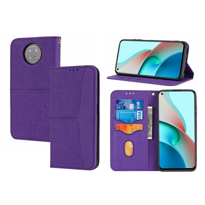 Purple woven PU leather phone case, magnetic flip, card slots, kickstand view