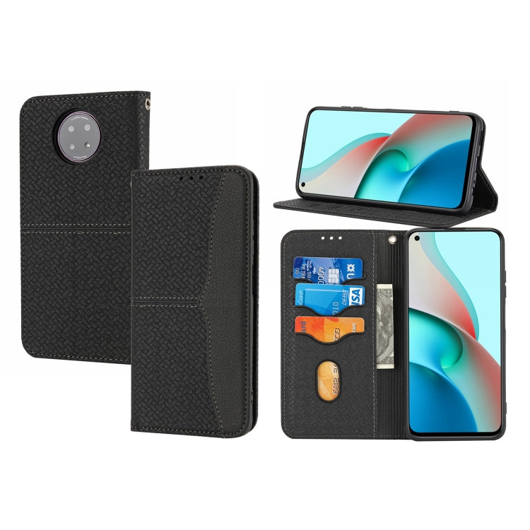 Black woven PU leather phone case, magnetic flip, card slots, kickstand view