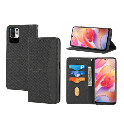 Black woven PU leather magnetic flip phone case with card slots and stand