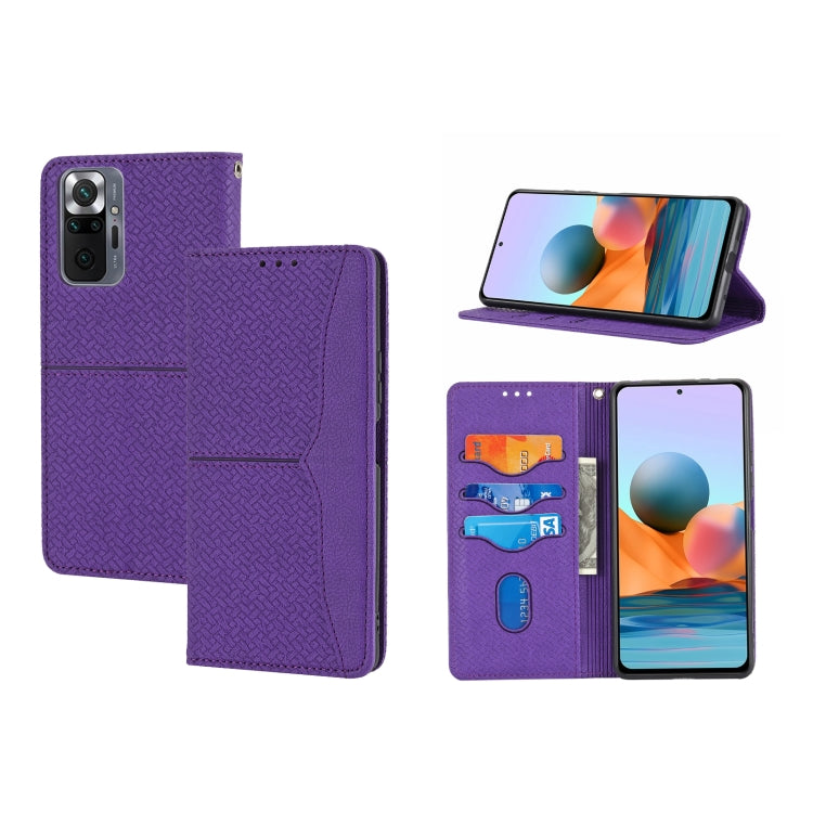 Purple woven PU leather phone folio, magnetic flip, card slots, stand angle