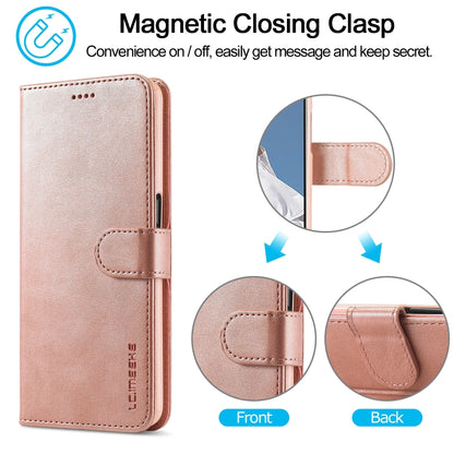 Rose gold leather flip case with magnetic clasp and stitched strap