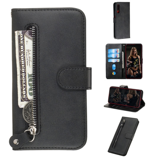 Black PU leather phone wallet case with zipper, card slots, and flip stand holder