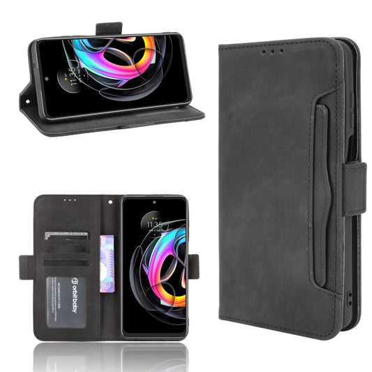 Black leather flip phone case with card slots, photo holder, and magnetic strap