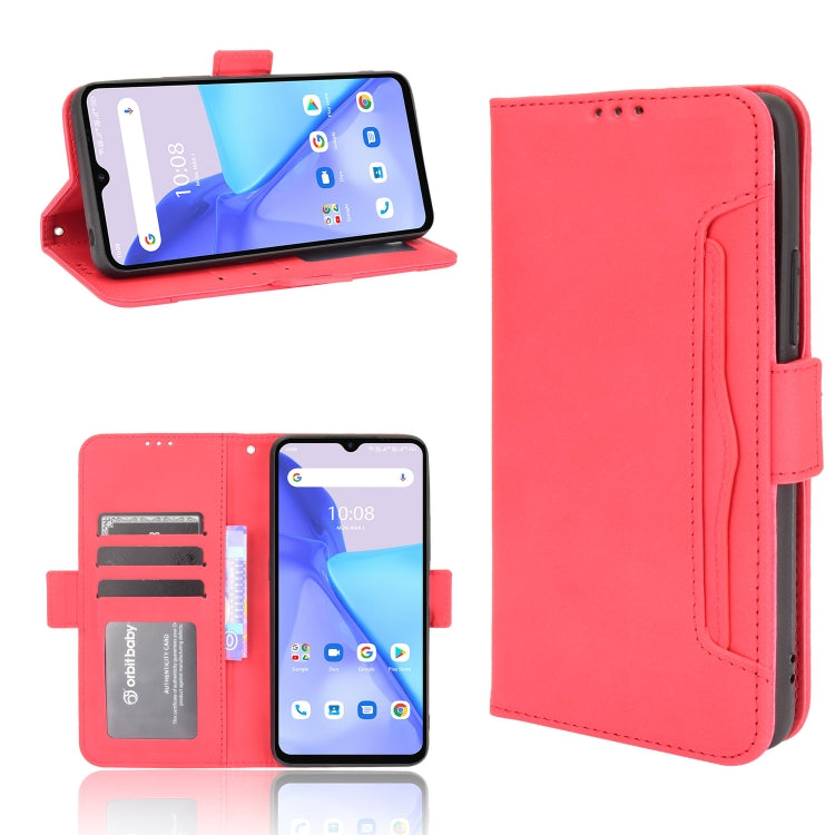 Red leather flip phone case with card slots and front stand