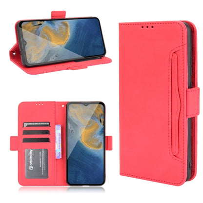 Red leather flip phone case with card slots and front stand