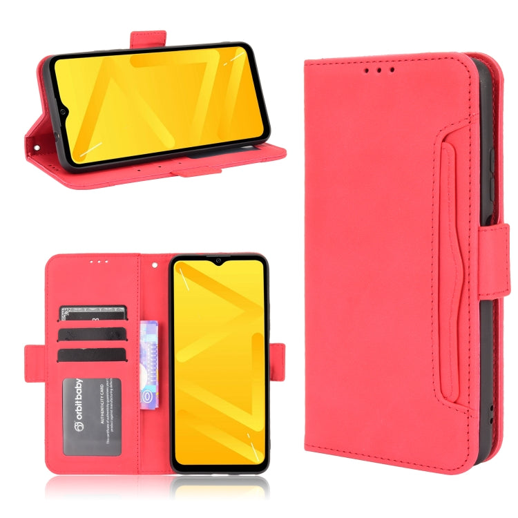 Red leather flip phone case with card slots and side phone strap holder