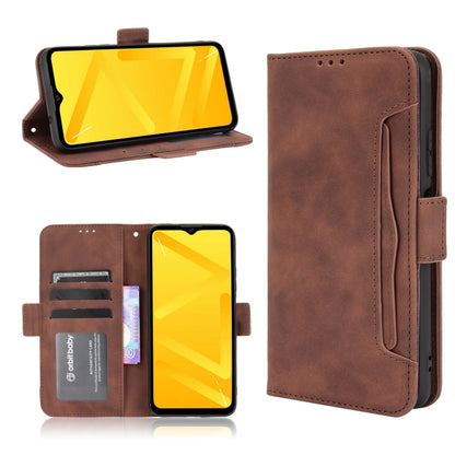 Brown leather flip phone case with card slots and side phone strap holder