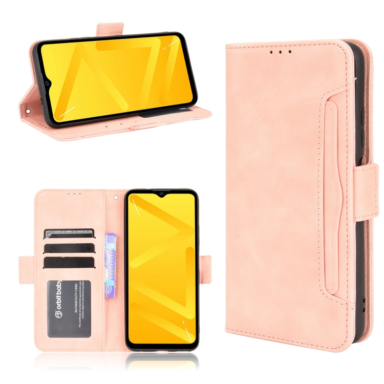 Light pink leather flip phone case with card slots and side phone strap holder