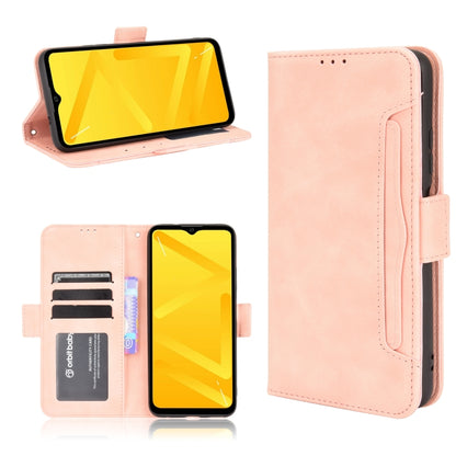 Light pink leather flip phone case with card slots and side phone strap holder