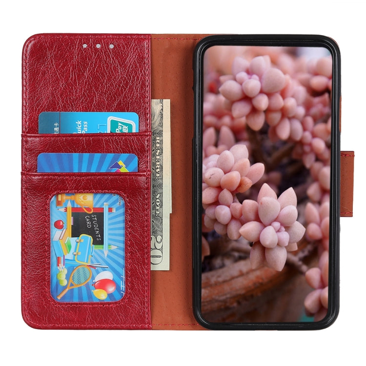 Red nappa leather flip case with card slots and phone screen window, wallet-style fold