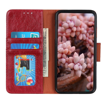 Red nappa leather flip case with card slots and phone screen window, wallet-style fold