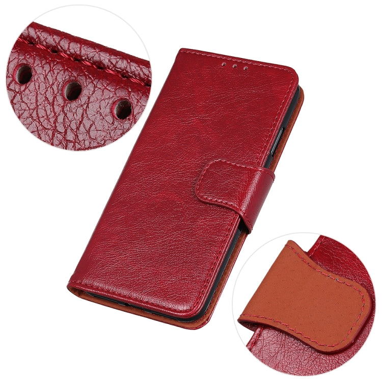 Red nappa leather flip phone case with textured finish and stitched snap-strap