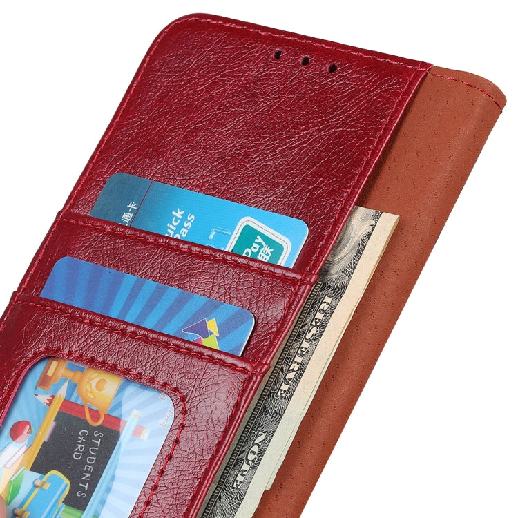 Red nappa leather flip case detail showing card slots and inner wallet compartment