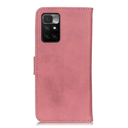 Pink cowhide-texture leather phone case with front camera cutout and stitched edges