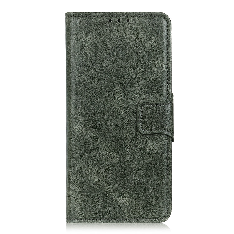 Dark green Crazy Horse leather flip phone case with snap closure and card slot panel
