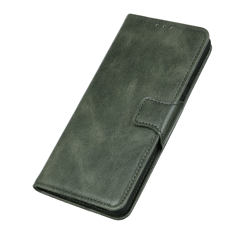 Dark green Crazy Horse leather flip phone case angled for hands-free viewing