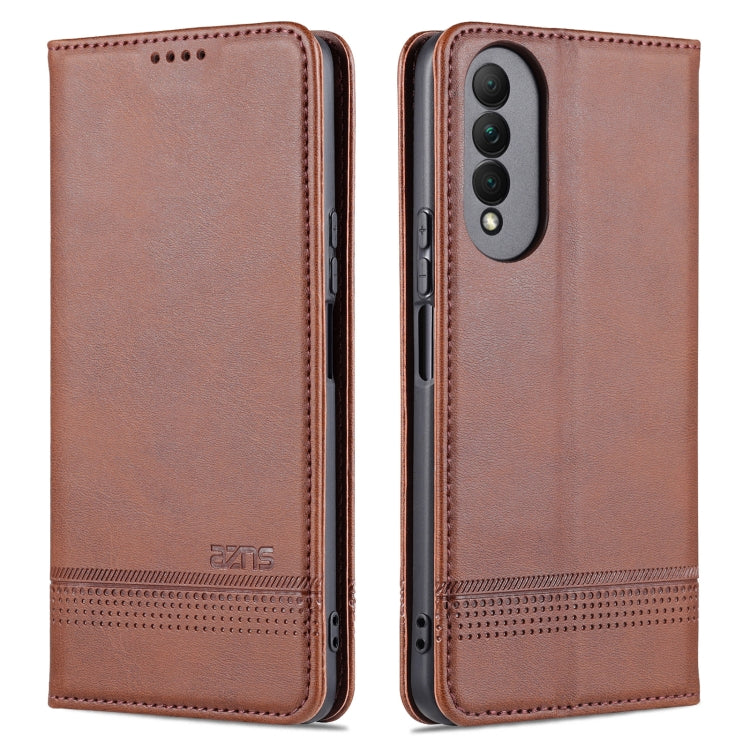 Brown magnetic flip leather case with card slots and camera cutout
