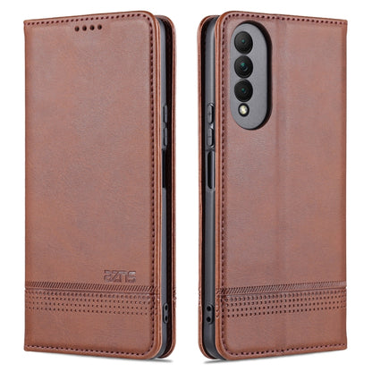 Brown magnetic flip leather case with card slots and camera cutout
