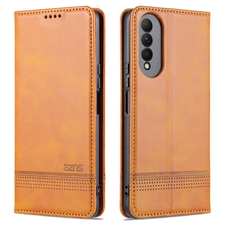 Light brown magnetic flip leather case, front and back with camera cutout