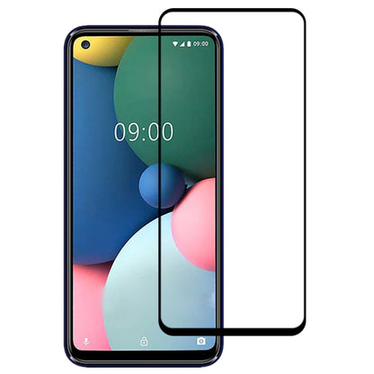 Full-screen tempered glass screen protector over a smartphone display, adhesive-backed