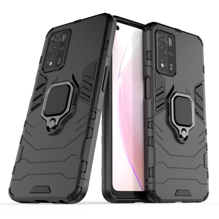 Shockproof black phone case with magnetic ring holder, rugged bumper-style protection